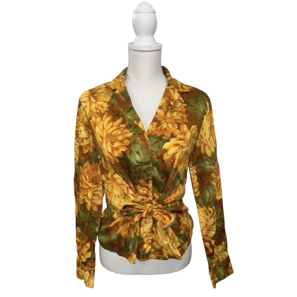VTG 90s Jones New York M Wild Golden Floral Button Up Blouse‎ Shirt Tie Front
